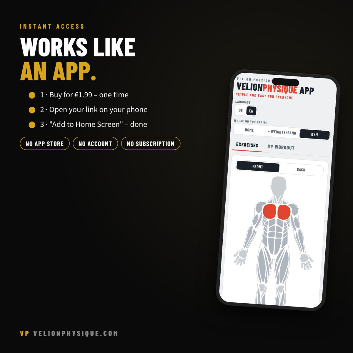 VelionPhysique App works like an app – add to home screen, no App Store, no subscription