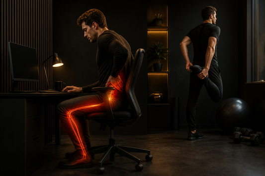 Person experiencing sciatic discomfort after prolonged sitting at a desk