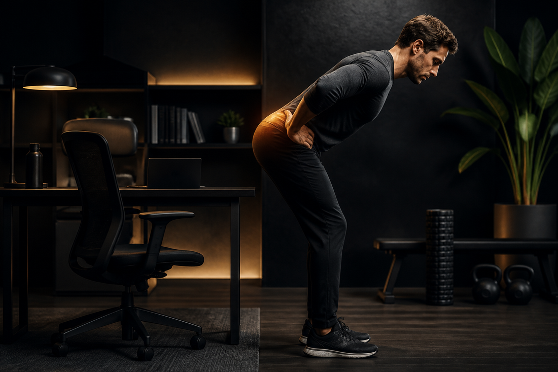 Desk worker addressing lower-back stiffness from prolonged sitting