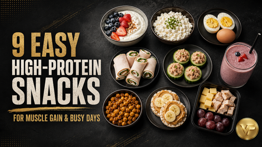 High-protein snacks including yogurt, nuts, fruit and boiled eggs in a snack box
