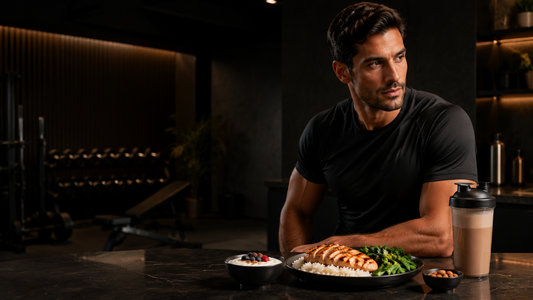 Plate of grilled chicken, rice and vegetables as a high-protein meal for building muscle