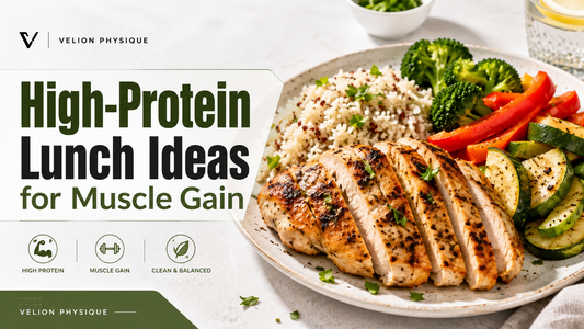 High-protein lunch with lean protein, grains and vegetables for muscle gain | Velion Physique