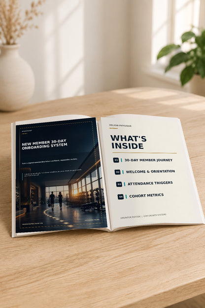 New Member 30-Day Onboarding System – overview of what is inside: START framework, sales-to-service handoff, attendance triggers and cohort metrics