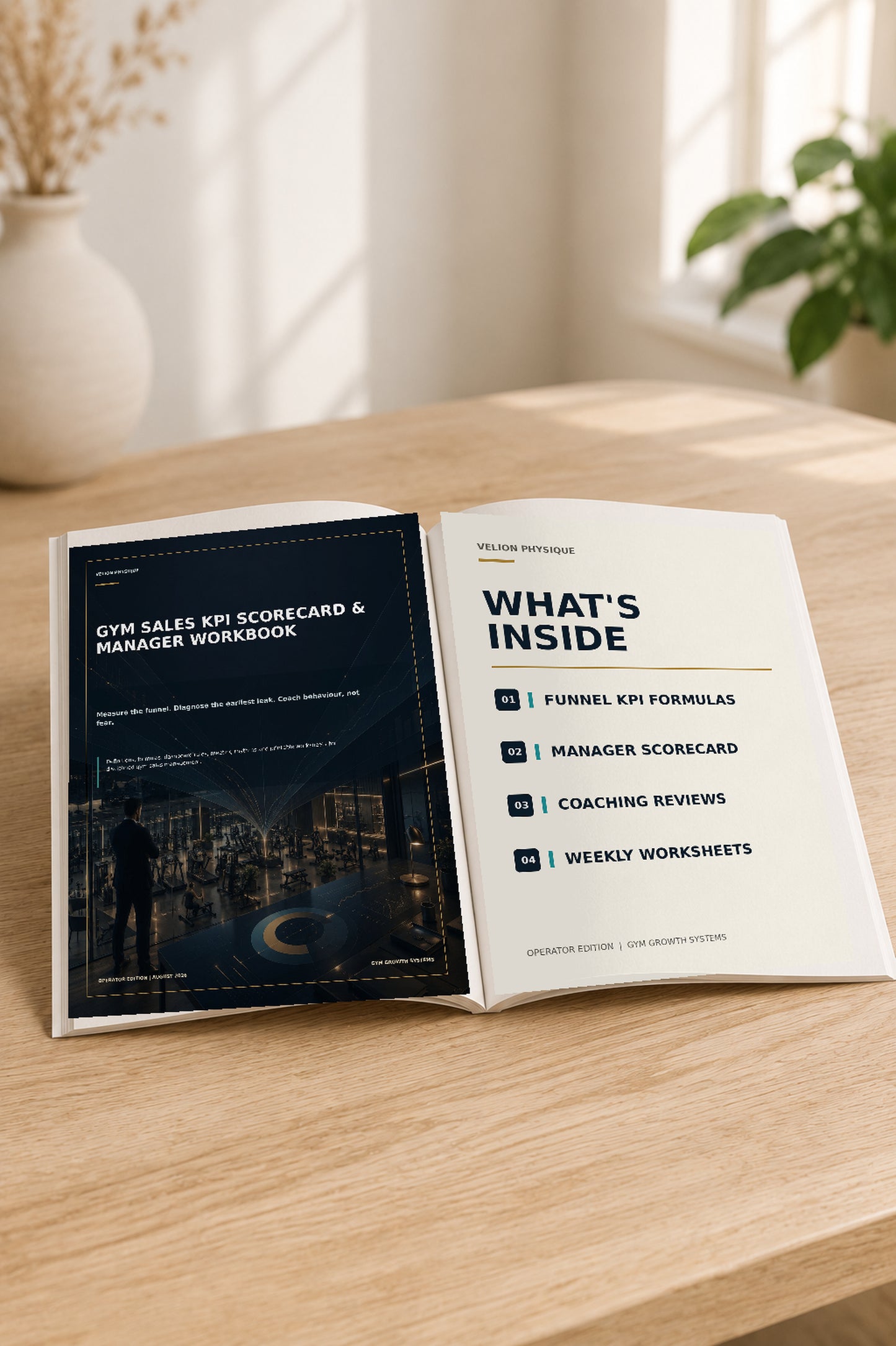 Gym Sales KPI Scorecard and Manager Workbook – overview of what is inside: funnel definitions, metric dictionary, COACH review and worksheets
