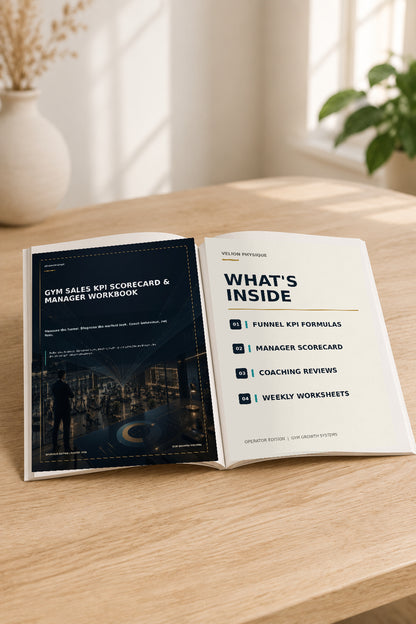 Gym Sales KPI Scorecard and Manager Workbook – overview of what is inside: funnel definitions, metric dictionary, COACH review and worksheets