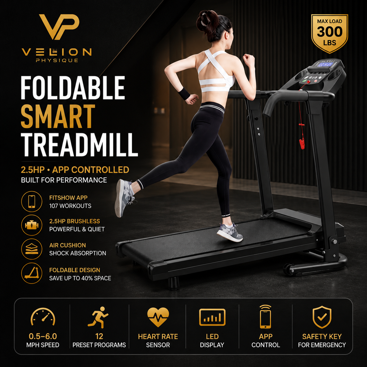 Velion Physique Foldable Smart Treadmill | 2.5 HP Home Running Machine