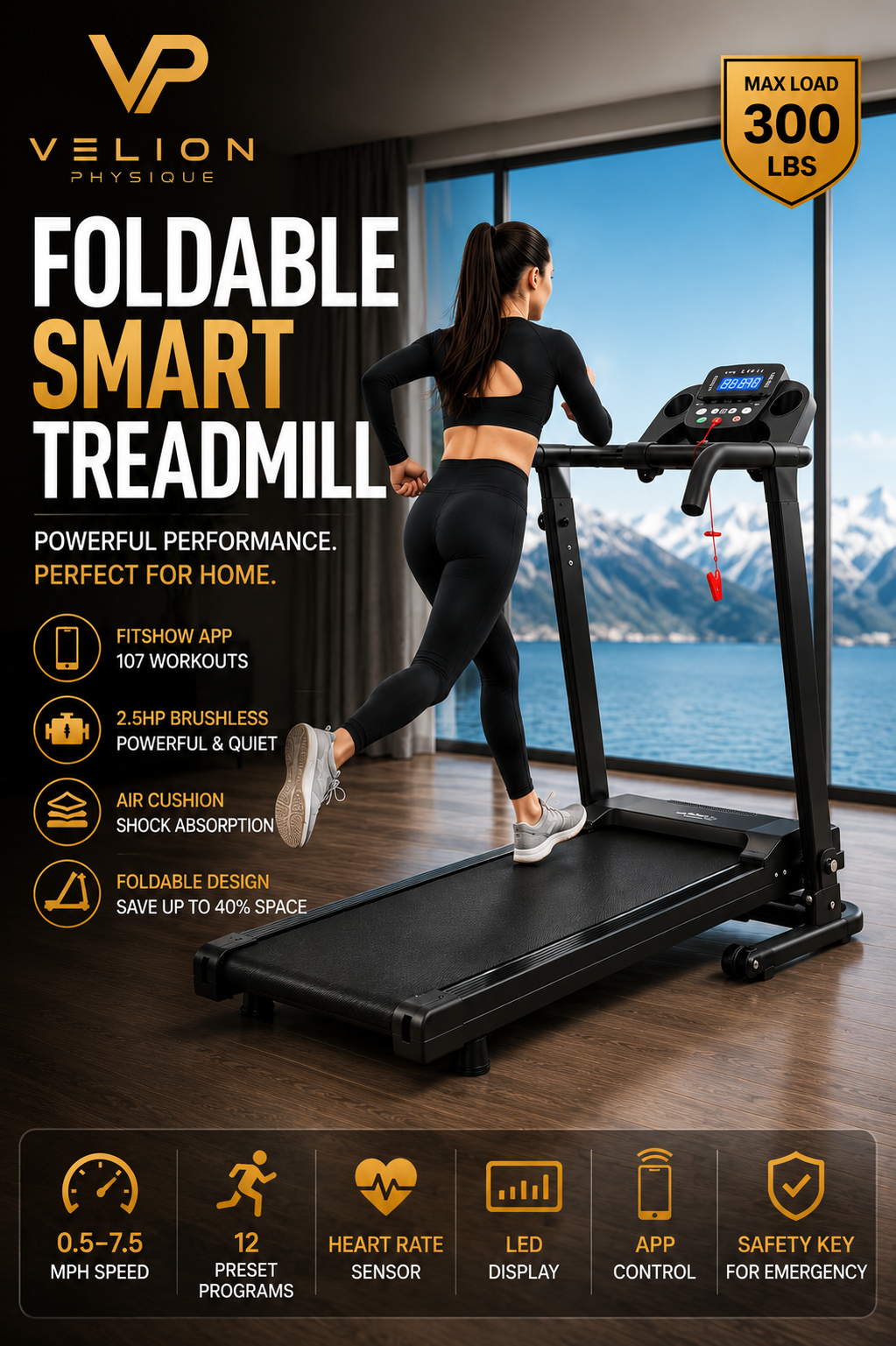 Velion Physique Foldable Smart Treadmill | 2.5 HP Home Running Machine
