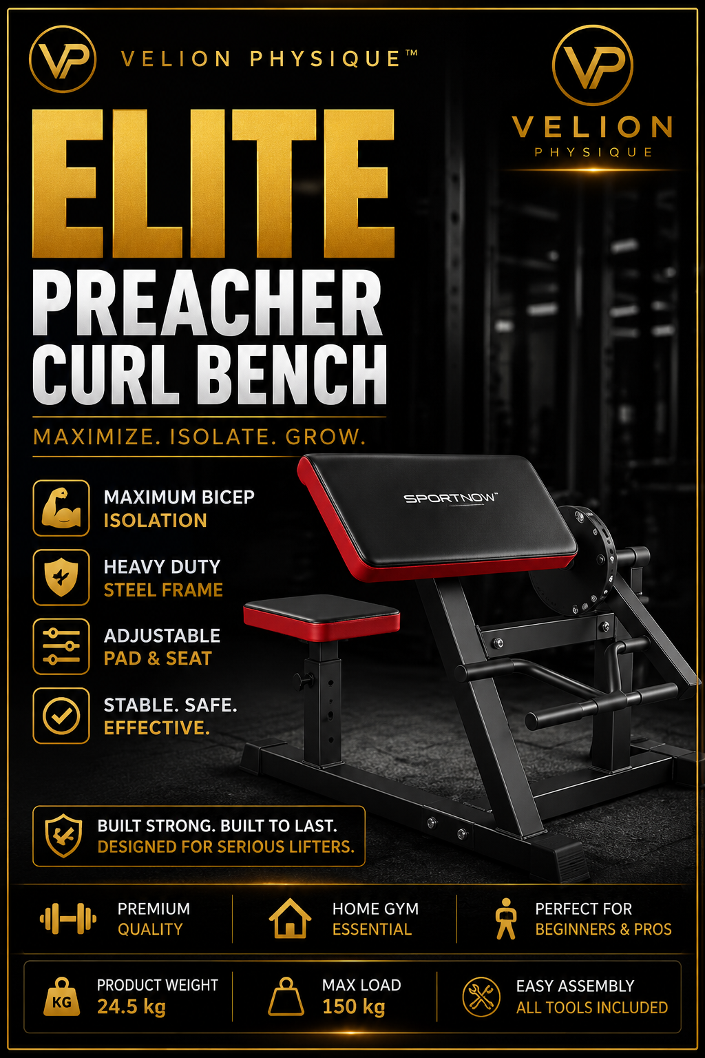 Velion Physique™ Adjustable Preacher Curl Bench | Premium Bicep Training Station
