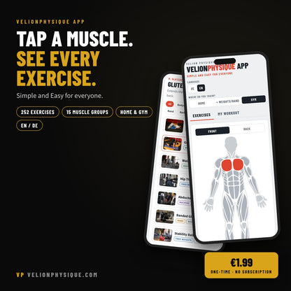 VelionPhysique App – tap a muscle, see every exercise. 252 exercises, 15 muscle groups, home and gym