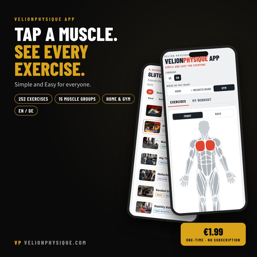 VelionPhysique App – tap a muscle, see every exercise. 252 exercises, 15 muscle groups, home and gym