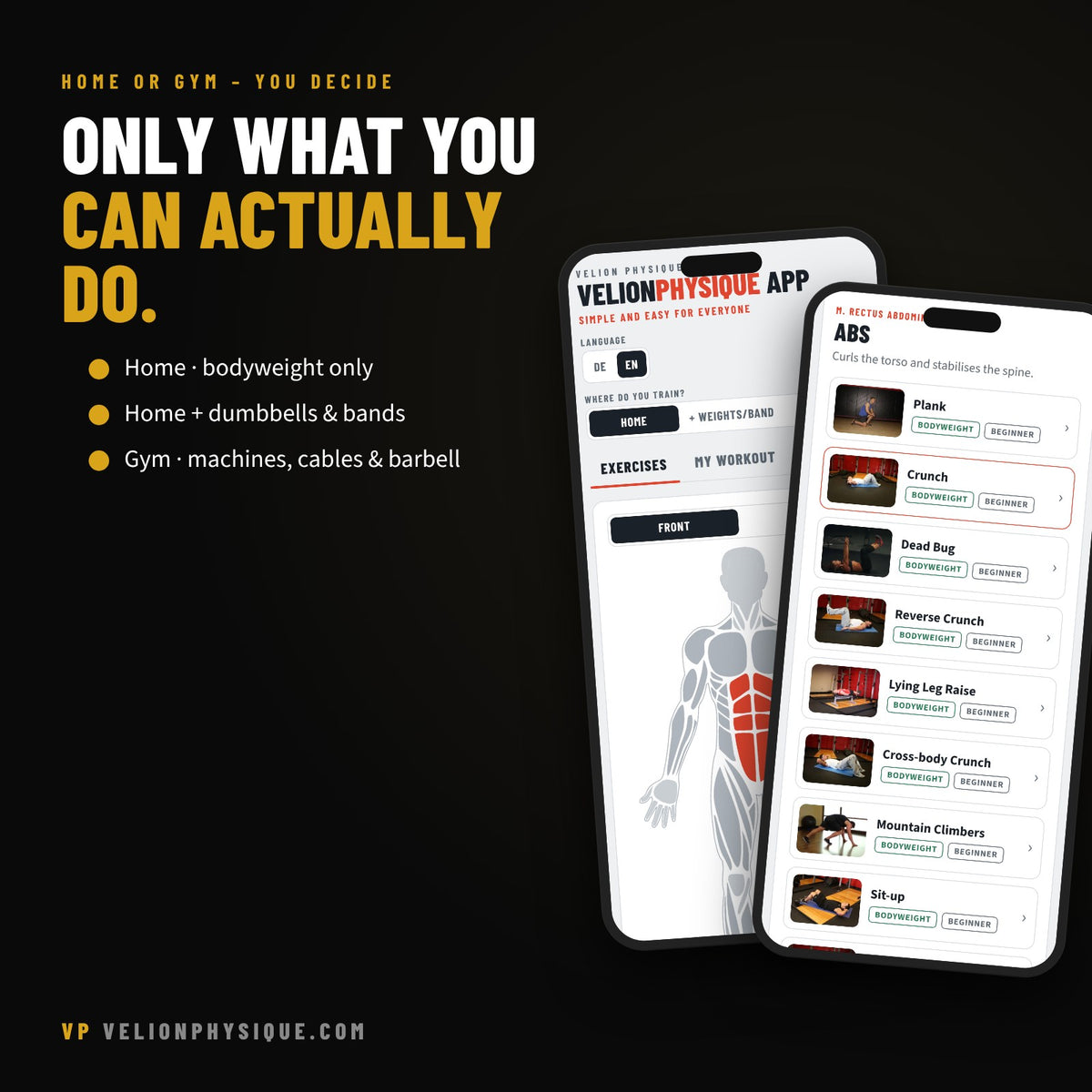 VelionPhysique App – home or gym workout filter for beginners