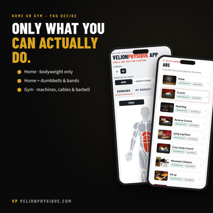 VelionPhysique App – home or gym workout filter for beginners
