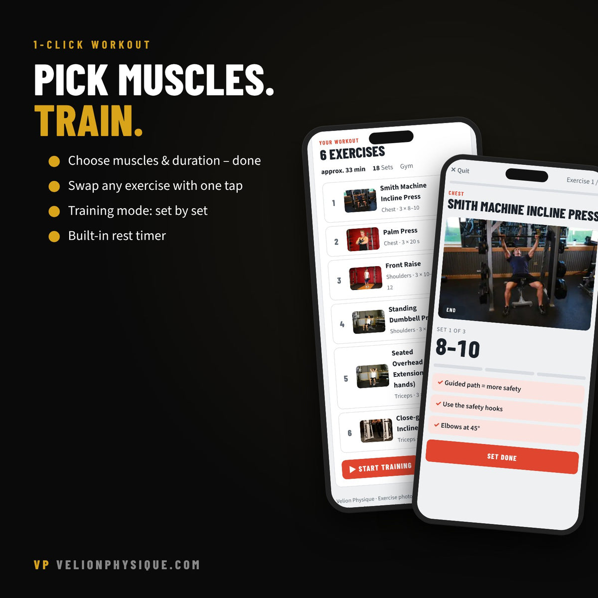 VelionPhysique App – 1-click beginner workout and training mode with rest timer